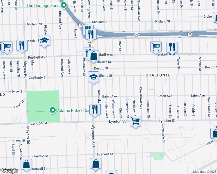 map of restaurants, bars, coffee shops, grocery stores, and more near 14870 Indiana Street in Detroit
