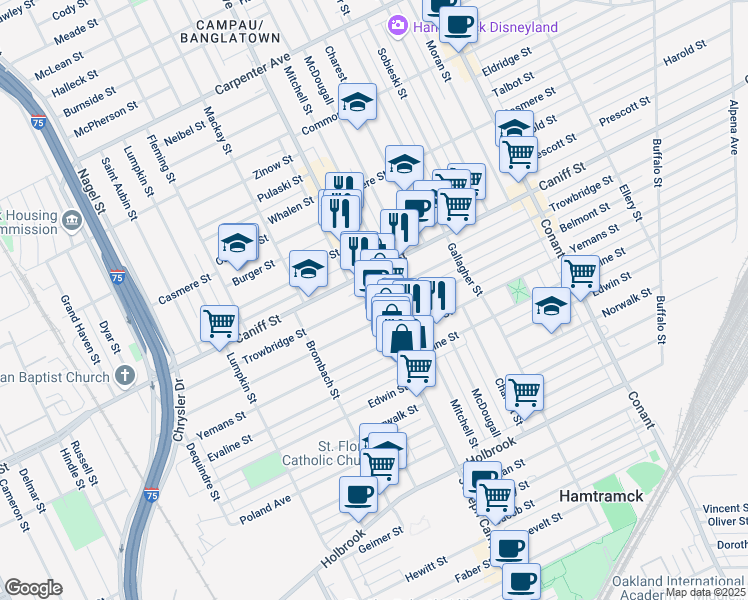 map of restaurants, bars, coffee shops, grocery stores, and more near 10241 Joseph Campau Avenue in Hamtramck