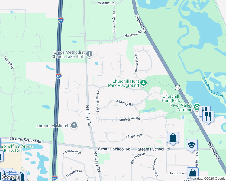 map of restaurants, bars, coffee shops, grocery stores, and more near 6061 Westminster in Gurnee