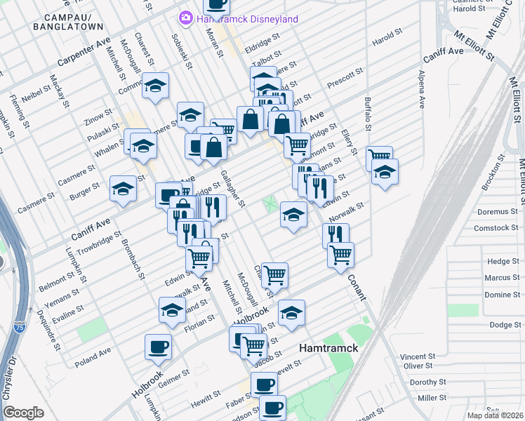 map of restaurants, bars, coffee shops, grocery stores, and more near 9815 Winfield Street in Hamtramck
