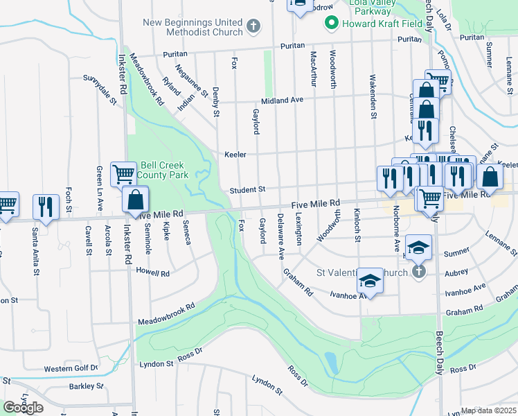 map of restaurants, bars, coffee shops, grocery stores, and more near 26704 Five Mile Road in Redford Charter Township