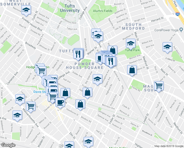 map of restaurants, bars, coffee shops, grocery stores, and more near 46 Bay State Avenue in Somerville