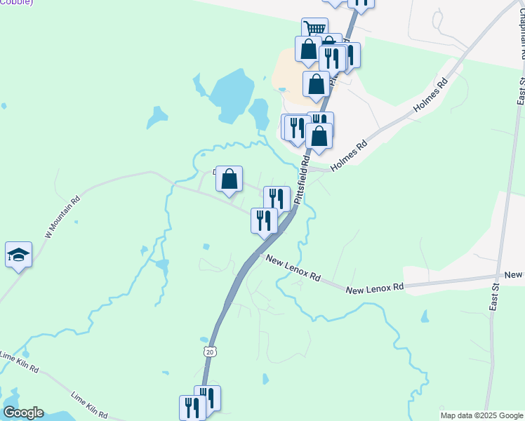 map of restaurants, bars, coffee shops, grocery stores, and more near 12 West Mount Road in Lenox