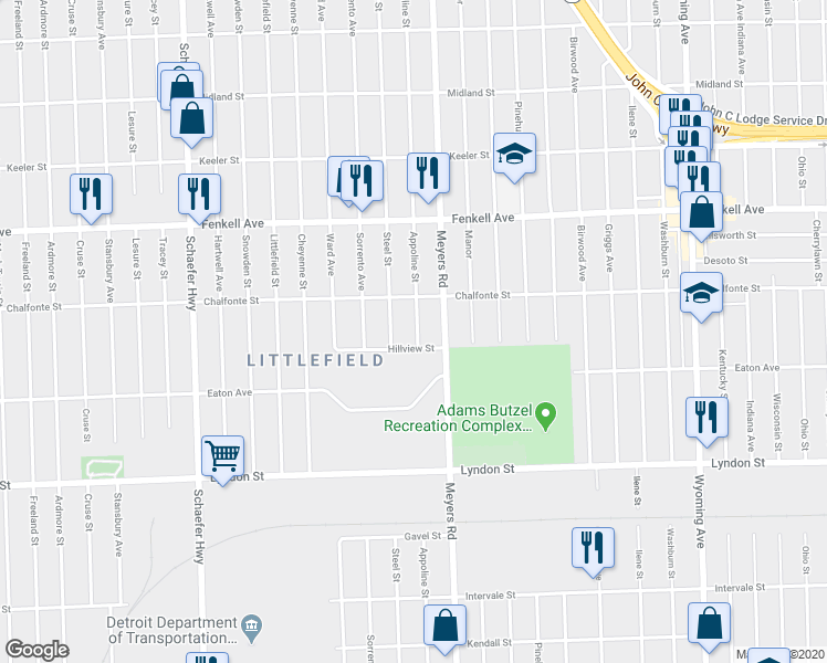 map of restaurants, bars, coffee shops, grocery stores, and more near 14891 Appoline Street in Detroit