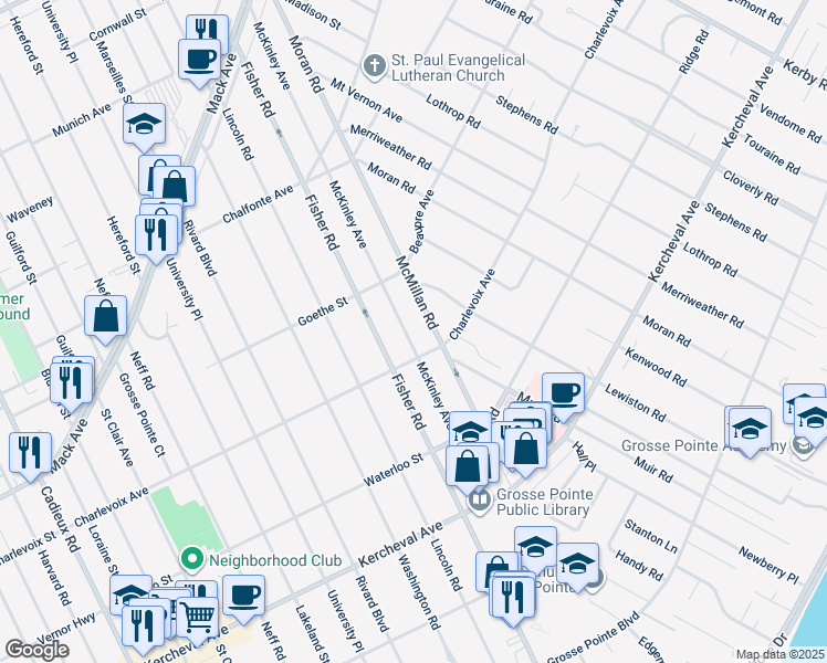 map of restaurants, bars, coffee shops, grocery stores, and more near 262 Mc Kinley Avenue in Grosse Pointe Farms