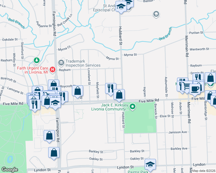 map of restaurants, bars, coffee shops, grocery stores, and more near 15423 Fairfield Street in Livonia
