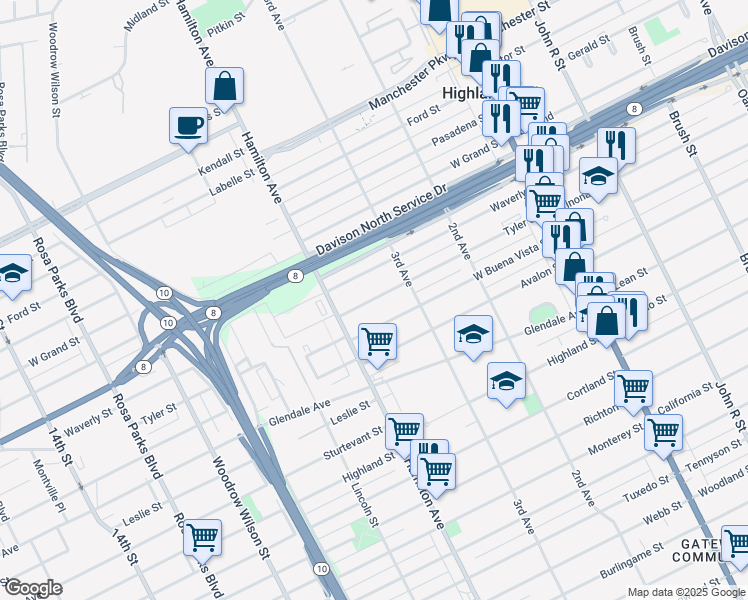 map of restaurants, bars, coffee shops, grocery stores, and more near 217 Tyler Avenue in Highland Park