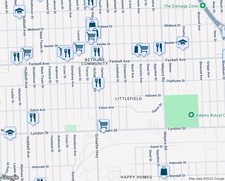 map of restaurants, bars, coffee shops, grocery stores, and more near 14920 Snowden Street in Detroit