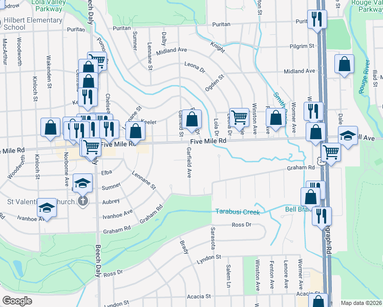 map of restaurants, bars, coffee shops, grocery stores, and more near 15220 Garfield in Redford Charter Township