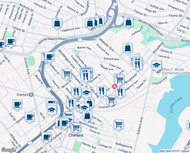 map of restaurants, bars, coffee shops, grocery stores, and more near 28 Gardner Street in Chelsea