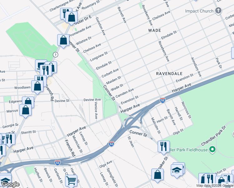 map of restaurants, bars, coffee shops, grocery stores, and more near 11325 Camden Avenue in Detroit