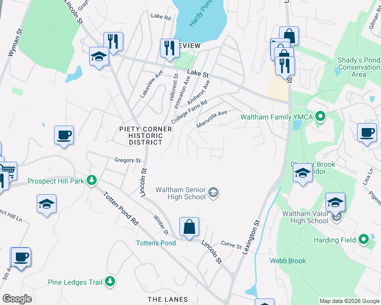 map of restaurants, bars, coffee shops, grocery stores, and more near 138 Marivista Avenue in Waltham
