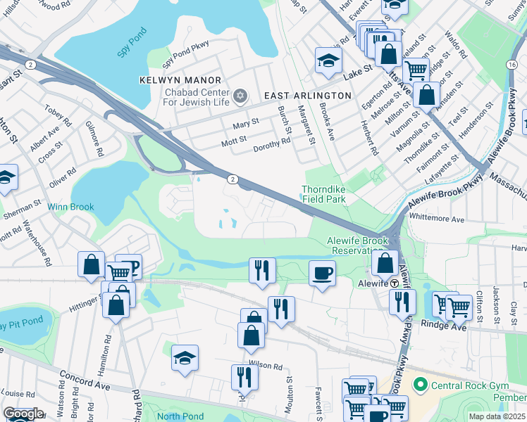 map of restaurants, bars, coffee shops, grocery stores, and more near 199 Concord Turnpike in Cambridge