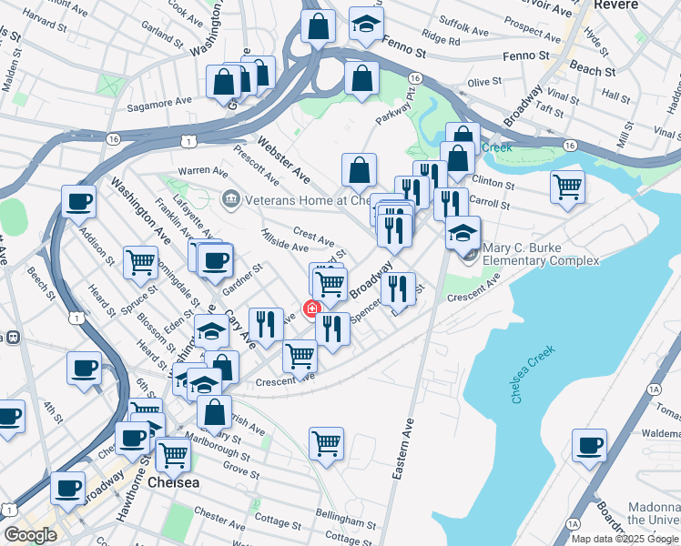 map of restaurants, bars, coffee shops, grocery stores, and more near 112 Clark Avenue in Chelsea