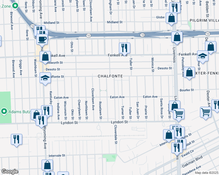 map of restaurants, bars, coffee shops, grocery stores, and more near 14863 Cloverdale Street in Detroit