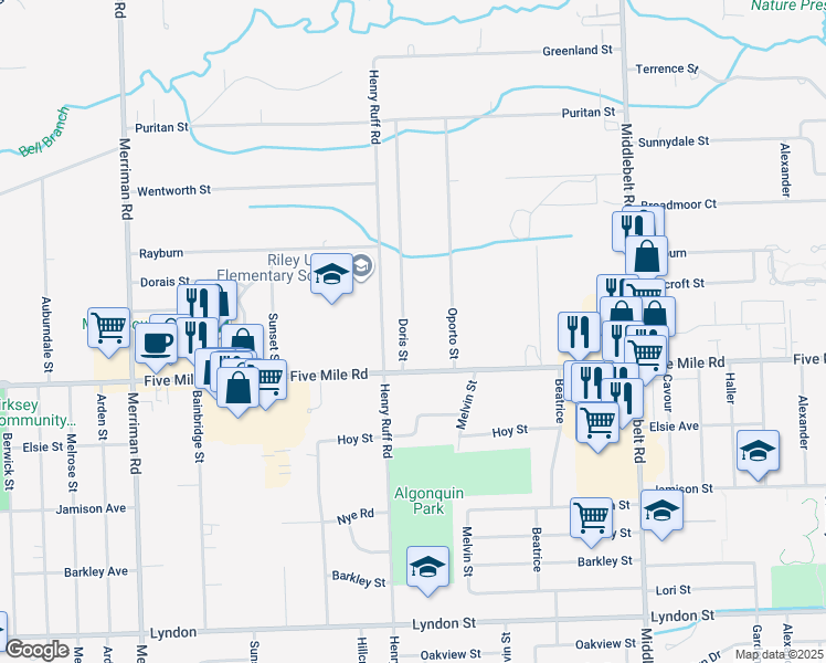 map of restaurants, bars, coffee shops, grocery stores, and more near 15322 Doris Street in Livonia