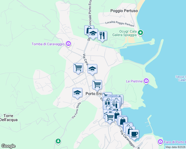 map of restaurants, bars, coffee shops, grocery stores, and more near Via Provinciale Orbetellana in Porto Ercole