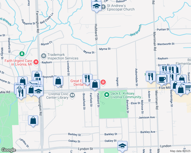 map of restaurants, bars, coffee shops, grocery stores, and more near 15425 Hubbard Street in Livonia