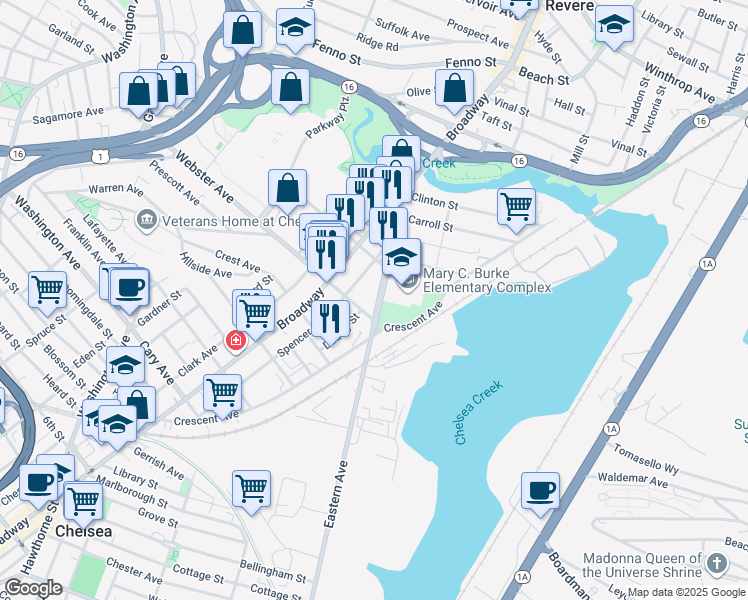 map of restaurants, bars, coffee shops, grocery stores, and more near 1 Webster Avenue in Chelsea