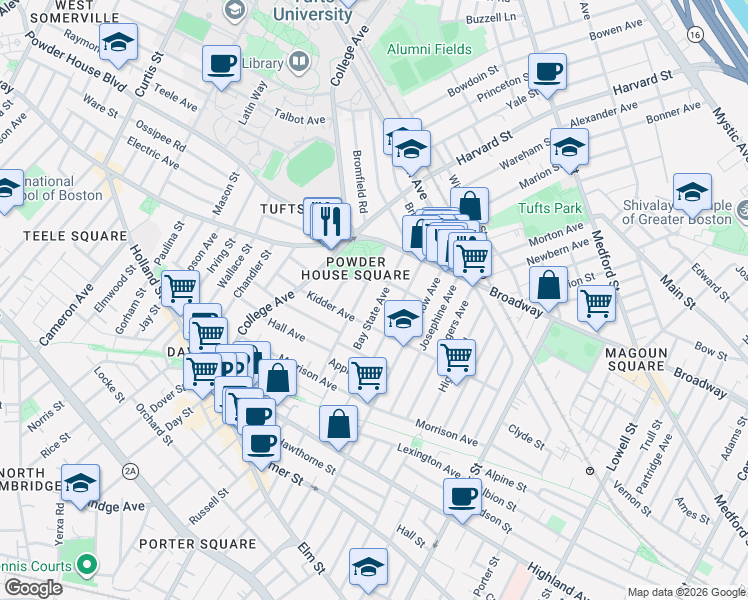 map of restaurants, bars, coffee shops, grocery stores, and more near 46 Bay State Avenue in Somerville