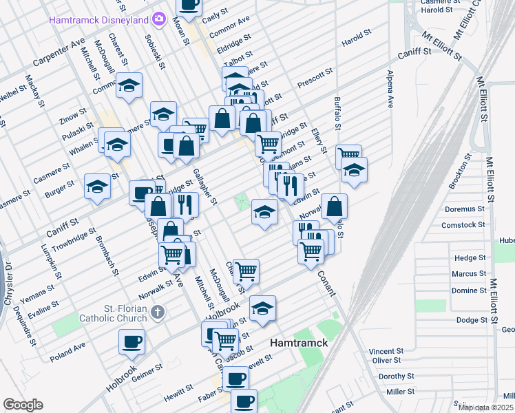map of restaurants, bars, coffee shops, grocery stores, and more near 3422 Evaline Street in Hamtramck