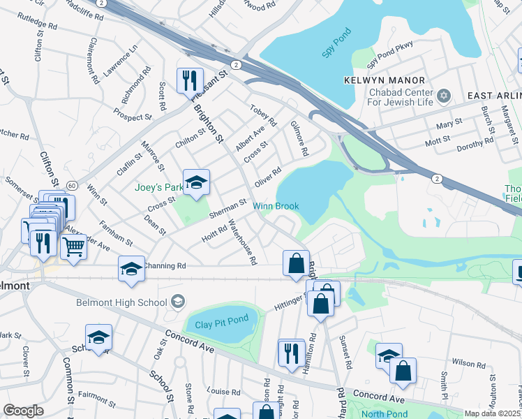 map of restaurants, bars, coffee shops, grocery stores, and more near 163 Brighton Street in Belmont