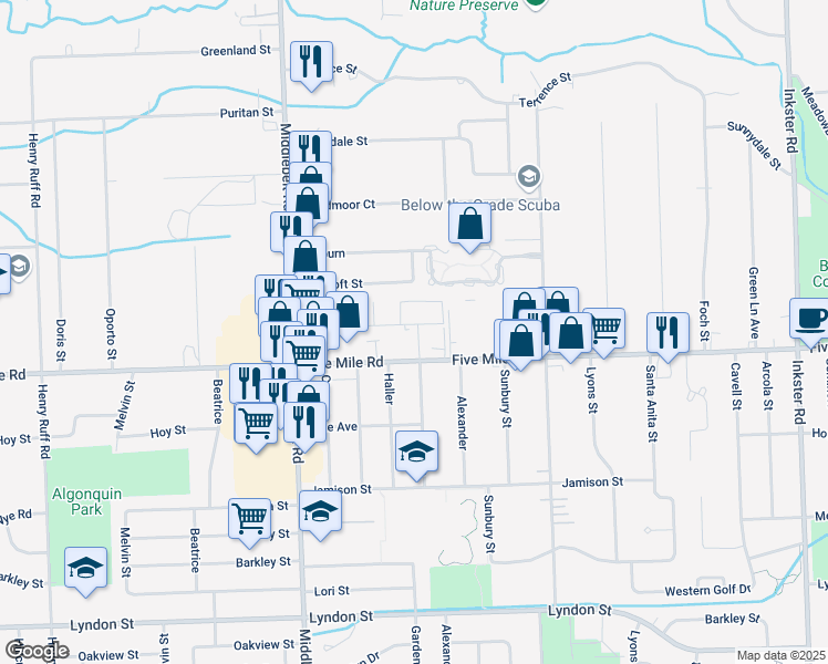 map of restaurants, bars, coffee shops, grocery stores, and more near 28940 Lancaster Street in Livonia