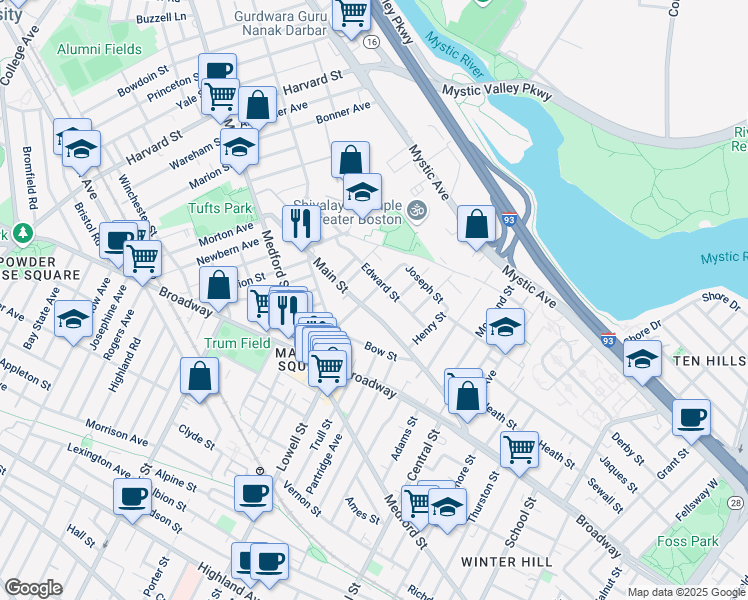 map of restaurants, bars, coffee shops, grocery stores, and more near 55 Dexter Street in Medford