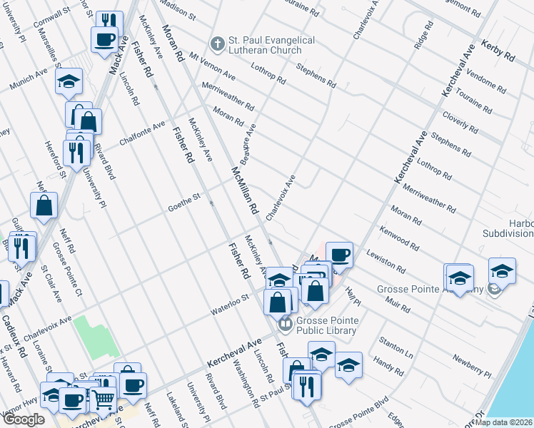 map of restaurants, bars, coffee shops, grocery stores, and more near 161 Charlevoix Street in Grosse Pointe Farms