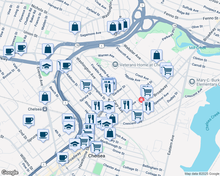 map of restaurants, bars, coffee shops, grocery stores, and more near 183 Washington Avenue in Chelsea