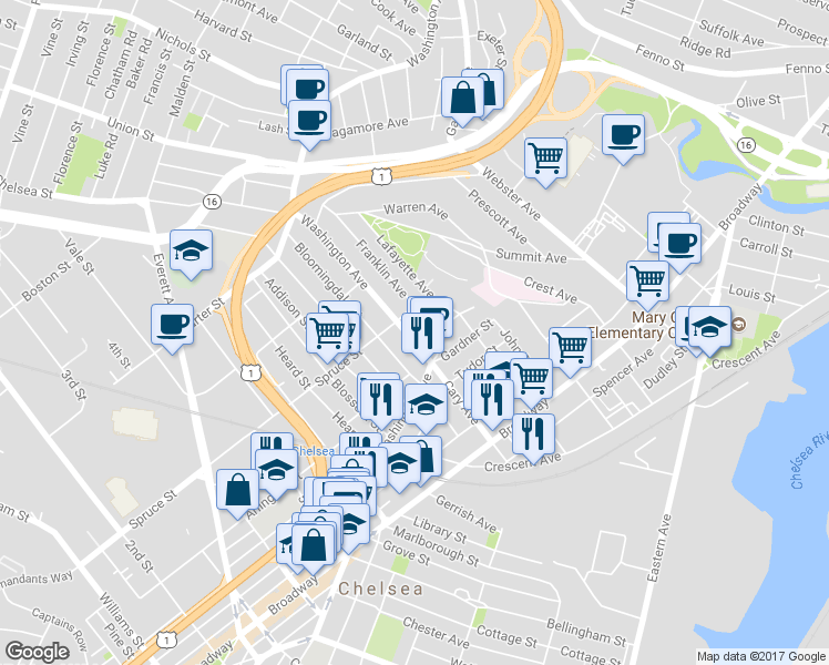 map of restaurants, bars, coffee shops, grocery stores, and more near 183 Washington Avenue in Chelsea