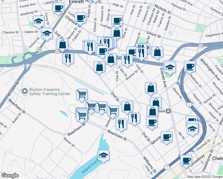 map of restaurants, bars, coffee shops, grocery stores, and more near 342 2nd Street in Everett