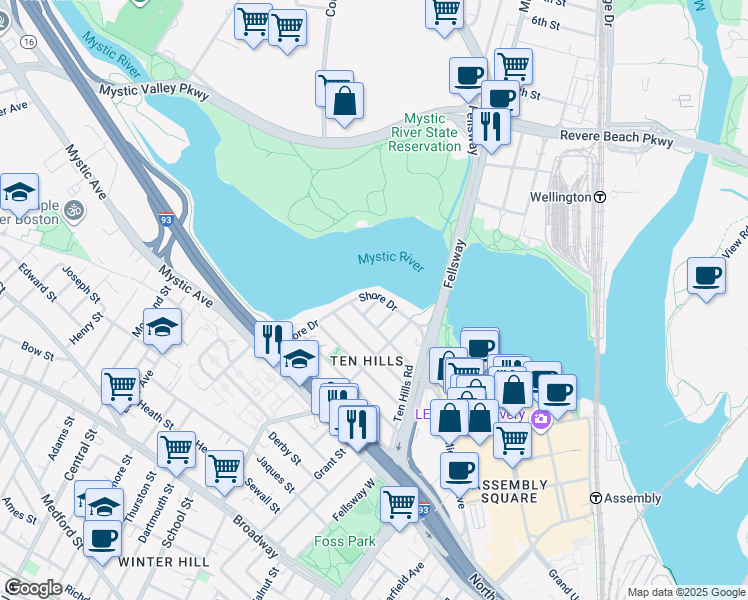 map of restaurants, bars, coffee shops, grocery stores, and more near 109 Shore Drive in Somerville