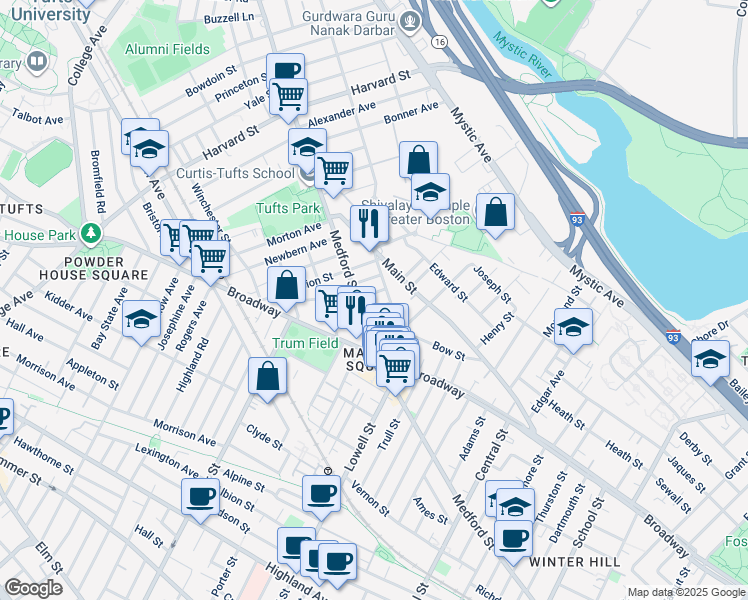 map of restaurants, bars, coffee shops, grocery stores, and more near 12 Hale Avenue in Medford
