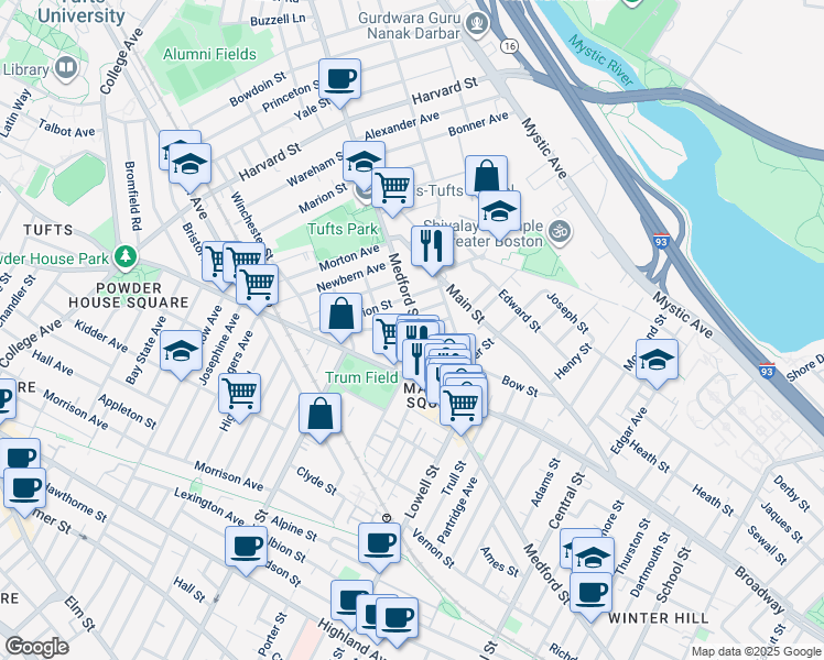 map of restaurants, bars, coffee shops, grocery stores, and more near 13 Winter Hill Road in Medford