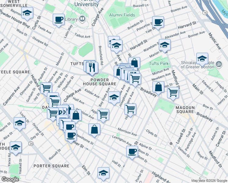 map of restaurants, bars, coffee shops, grocery stores, and more near 46 Bay State Avenue in Somerville
