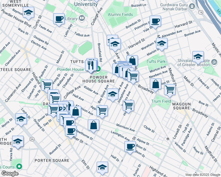 map of restaurants, bars, coffee shops, grocery stores, and more near 46 Bay State Avenue in Somerville