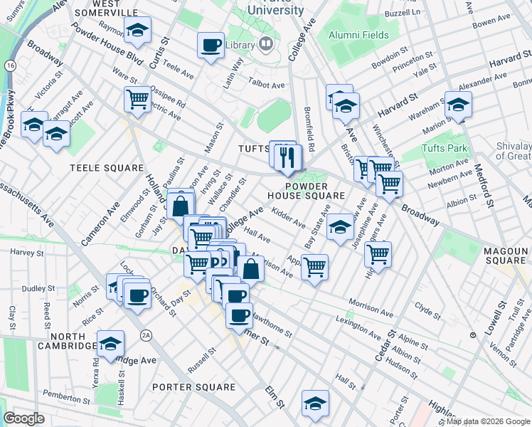 map of restaurants, bars, coffee shops, grocery stores, and more near 89 College Avenue in Somerville