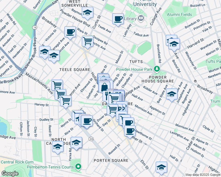 map of restaurants, bars, coffee shops, grocery stores, and more near in Somerville