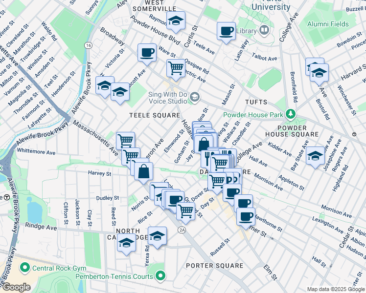 map of restaurants, bars, coffee shops, grocery stores, and more near 20 Gorham Street in Somerville