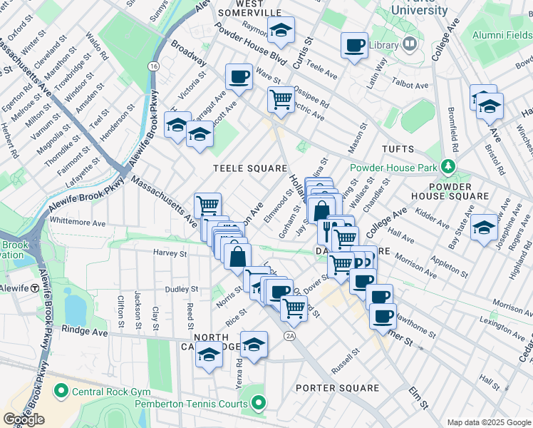 map of restaurants, bars, coffee shops, grocery stores, and more near 4A Elmwood Terrace in Somerville