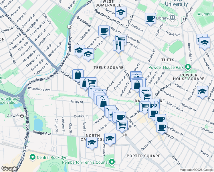 map of restaurants, bars, coffee shops, grocery stores, and more near 64 Cameron Avenue in Somerville
