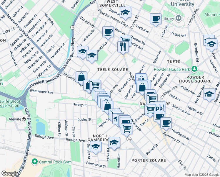 map of restaurants, bars, coffee shops, grocery stores, and more near 64 Cameron Avenue in Somerville