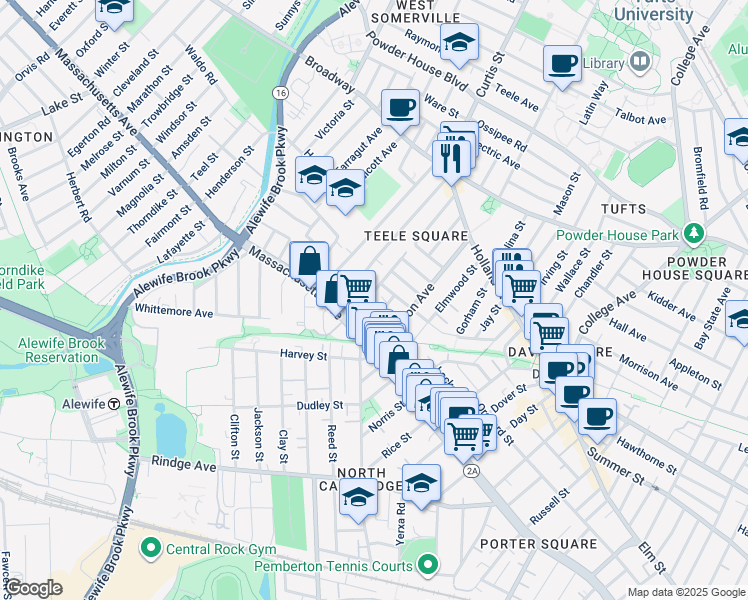 map of restaurants, bars, coffee shops, grocery stores, and more near 29 Camp Street in Cambridge