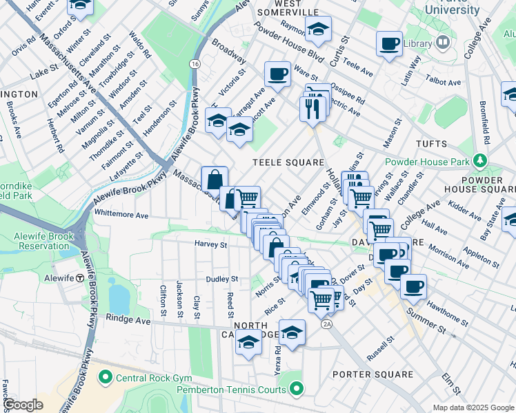 map of restaurants, bars, coffee shops, grocery stores, and more near 29 Camp Street in Cambridge