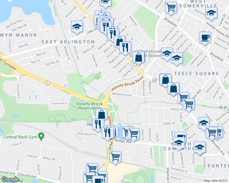 map of restaurants, bars, coffee shops, grocery stores, and more near 30 Alewife Brook Parkway in Cambridge