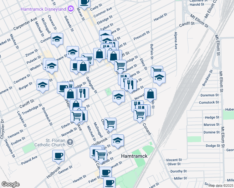 map of restaurants, bars, coffee shops, grocery stores, and more near 3422 Evaline Street in Hamtramck