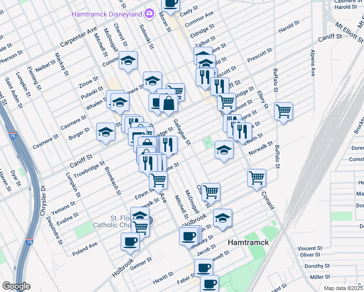 map of restaurants, bars, coffee shops, grocery stores, and more near 11687 McDougall Street in Hamtramck
