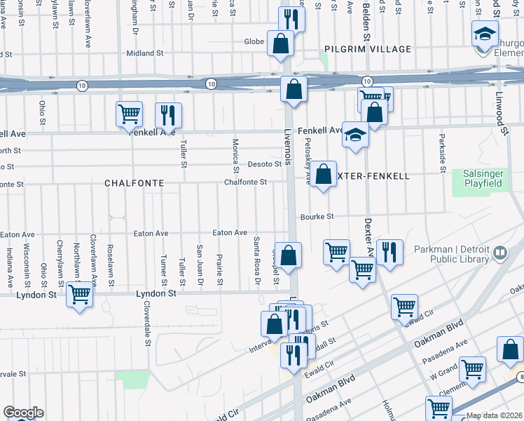 map of restaurants, bars, coffee shops, grocery stores, and more near 14856 Santa Rosa Drive in Detroit
