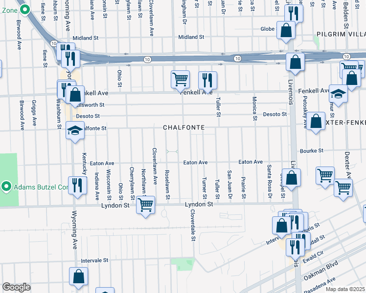 map of restaurants, bars, coffee shops, grocery stores, and more near 14863 Cloverdale Street in Detroit